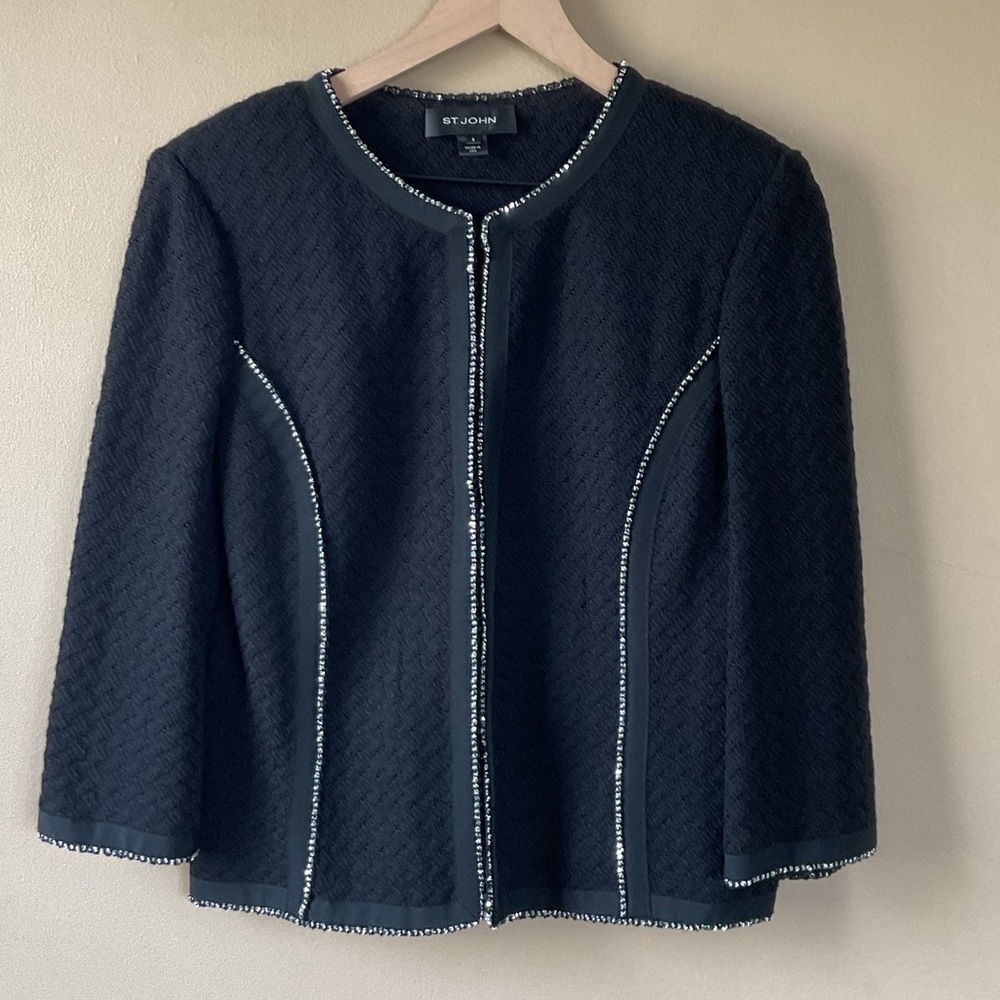 St. John Wool Blend Hook & Eye Closure Blazer Jacket Black Size 8 Chain Trim
